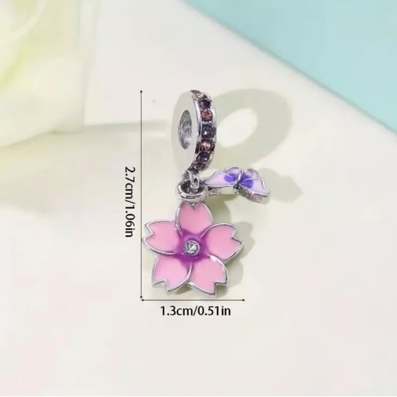 x1 Pink Butterfly And Flower 3-in-1 Alloy Pendant DIY New - Picture 2 of 2